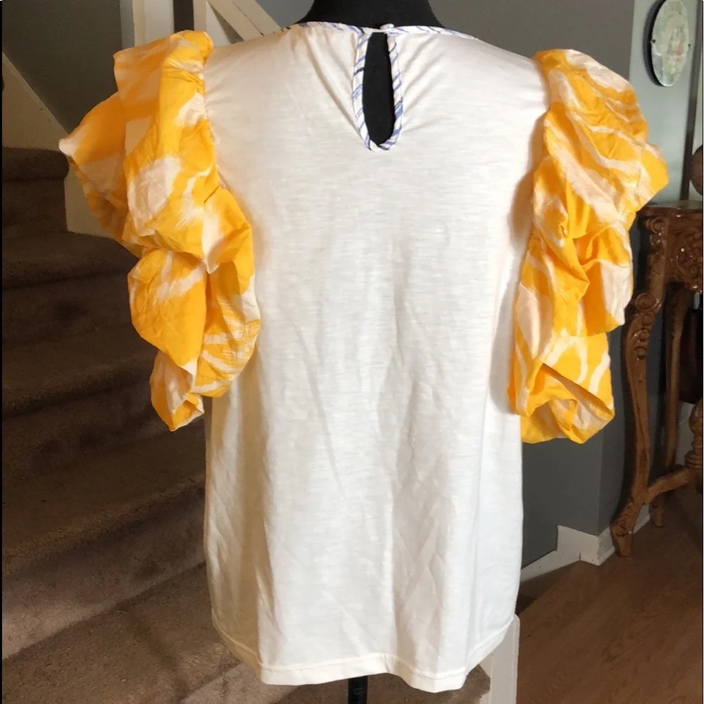 White Top Yellow and White Puffy Ruffle Sleeves Boutique - Picture 3 of 6